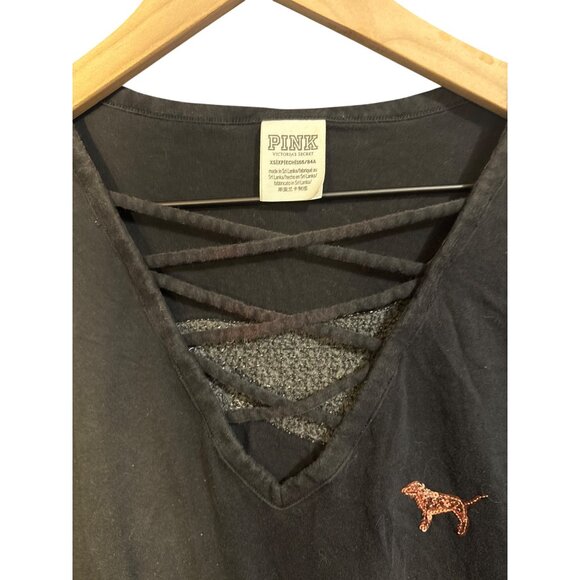 Y2K Victorias Secret PINK Womens XS Black‎ V-Neck Sequin Dog Tee - Picture 4 of 6